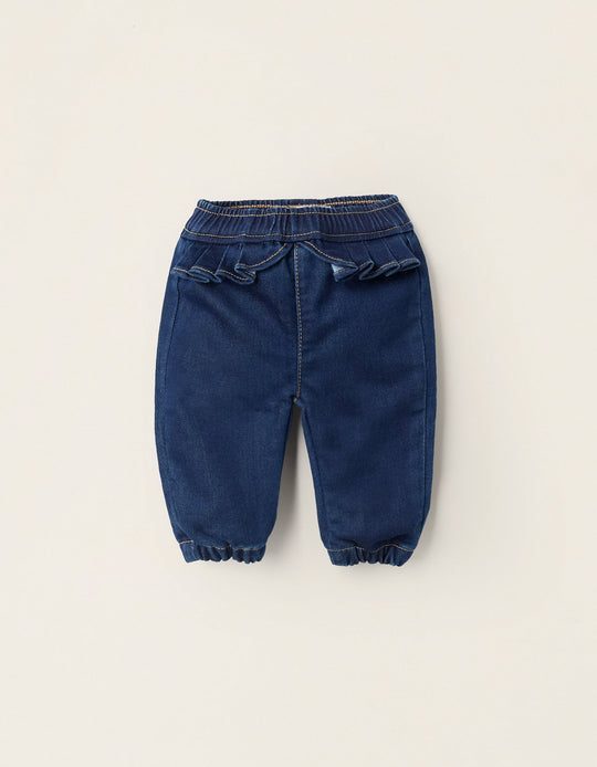 Denim Trousers with Ruffles at The Waist for Newborns, Blue