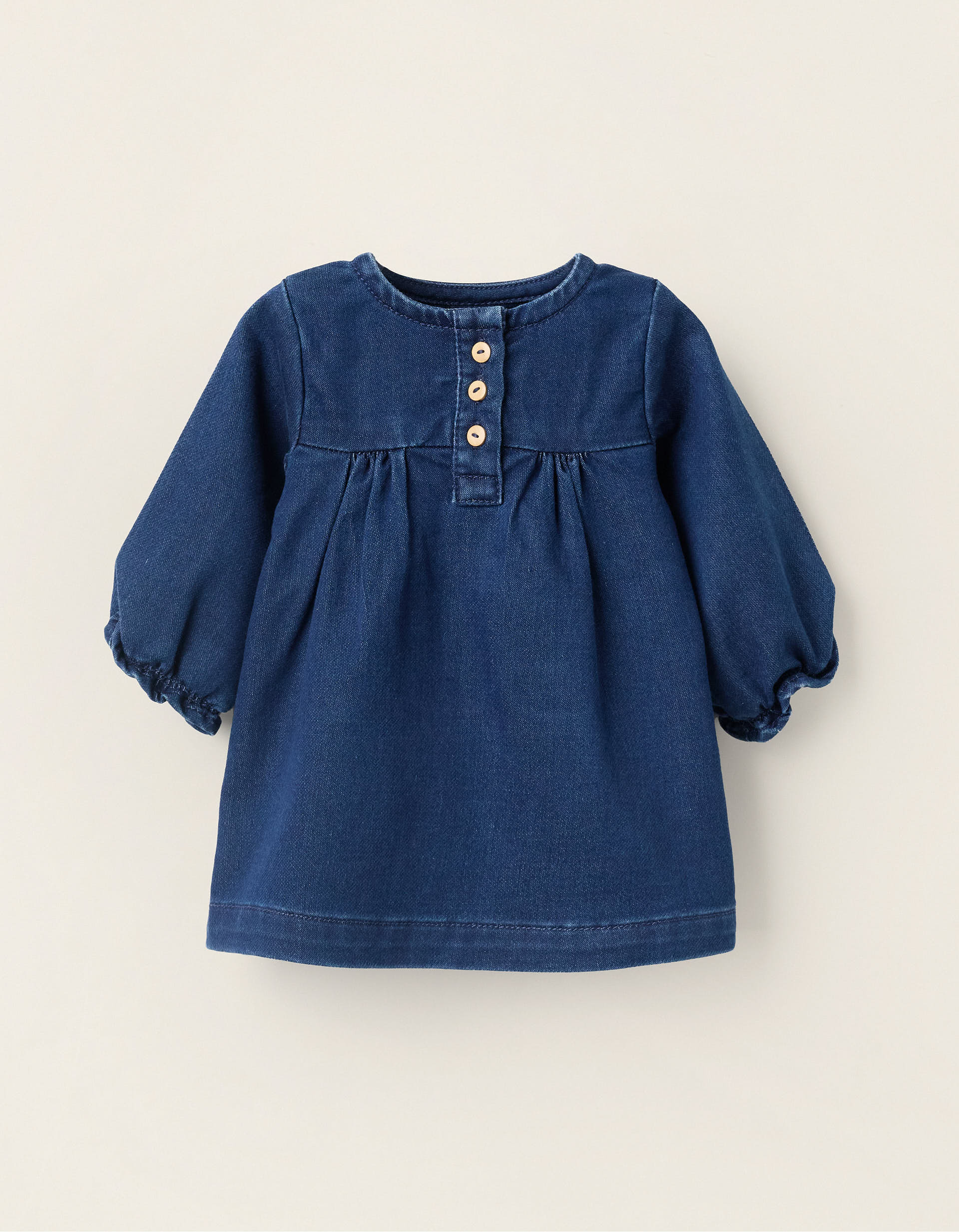 Denim Dress with Ruffled Cuffs for Newborns, Blue | Ziddy KSA