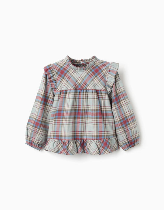 Cotton blouse with ruffles and check 'B&S' for girls, multicolour