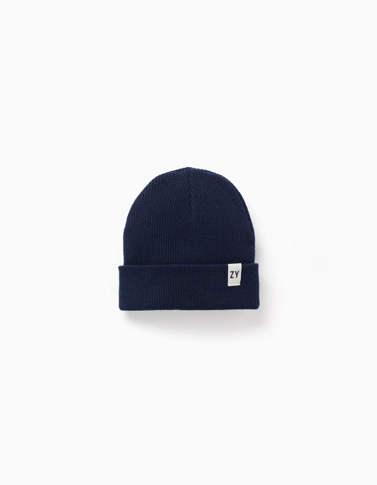 Ribbed beanie in flexible knit for boys, dark blue