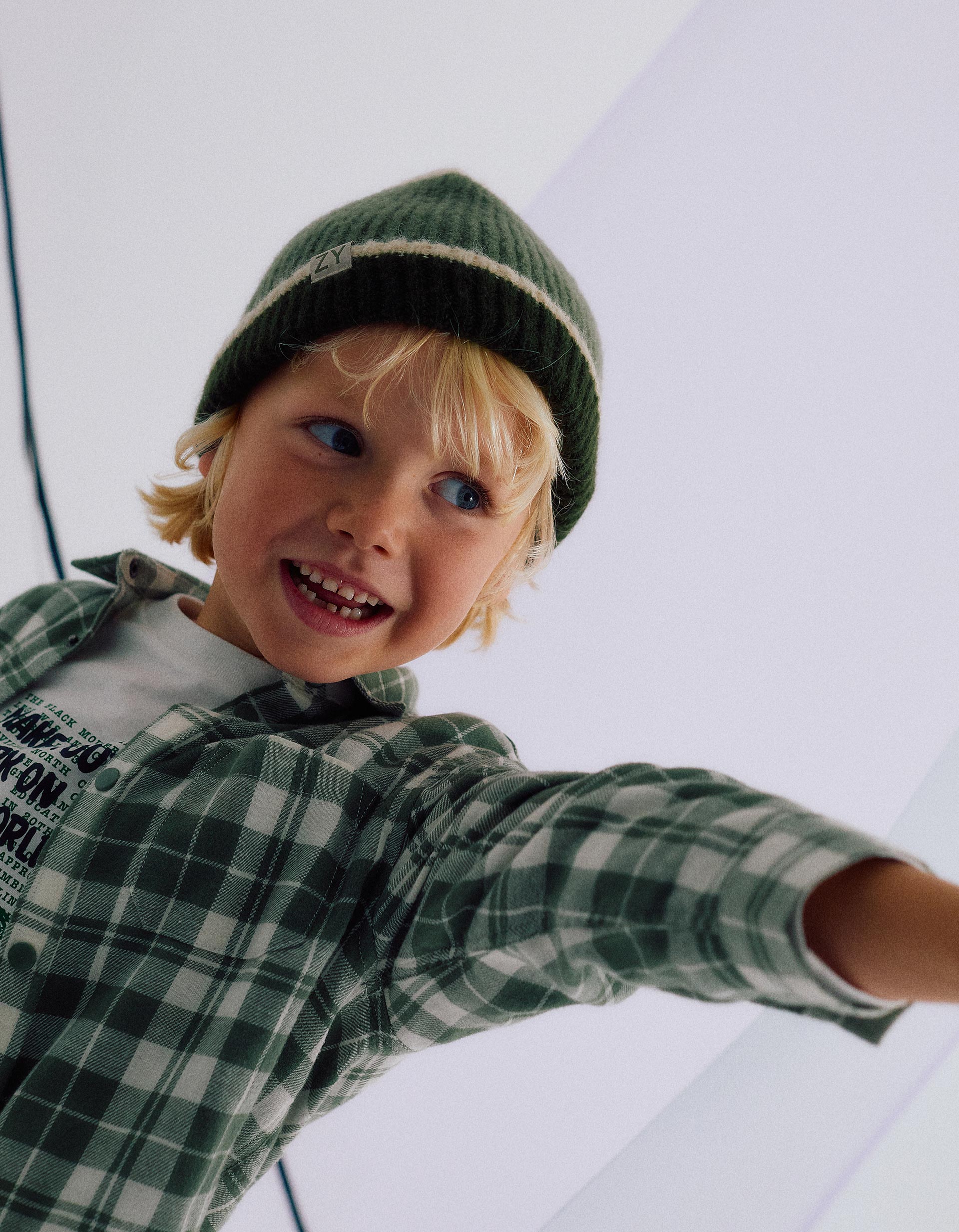 Ribbed knit beanie for boys, beige/green | Ziddy KSA