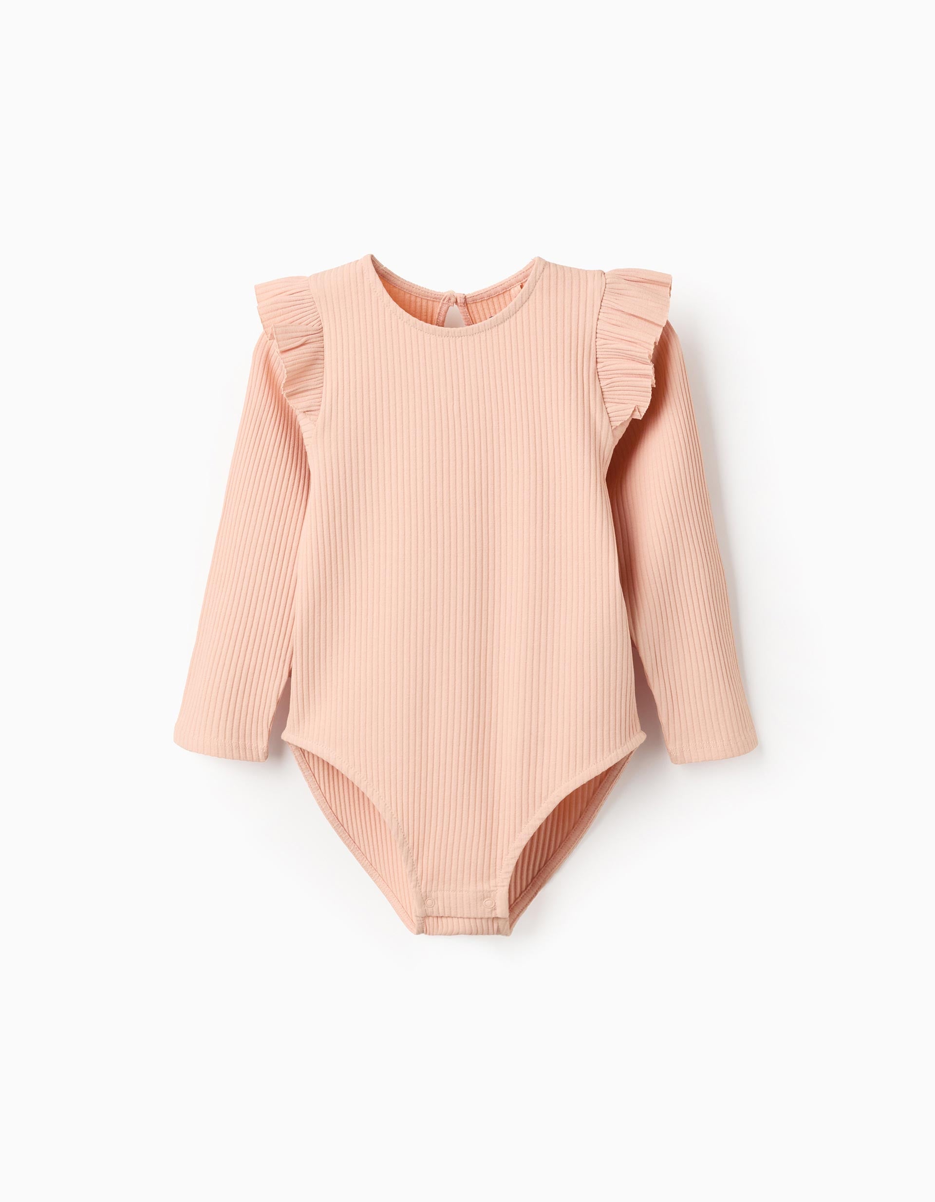 Long sleeve ribbed body with ruffles for girls, light pink | Ziddy KSA