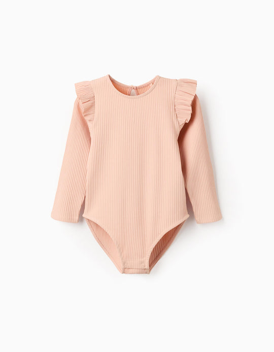 Long sleeve ribbed body with ruffles for girls, light pink