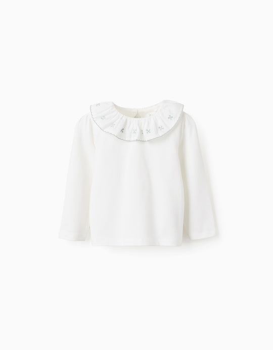 T-shirt with Ruffle Collar and Embroidery for Baby Girls, White/Green