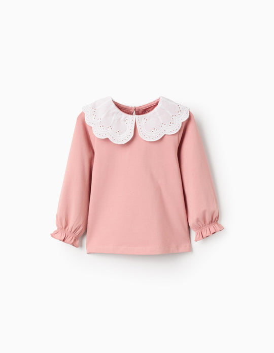 T-shirt with Broderie Anglaise Collar and Ruffles for Baby Girls, Pink
