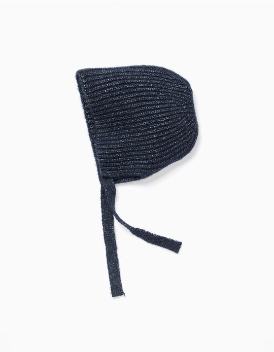 Ribbed knit beanie with side straps for newborn girls, dark blue