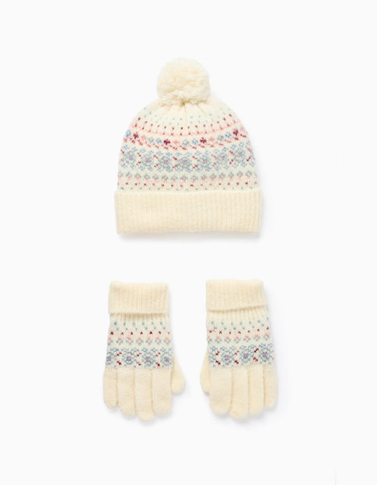Knitted beanie + gloves with jacquard for girls, white