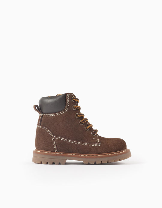 Leather mountain boots with laces for baby boys, brown