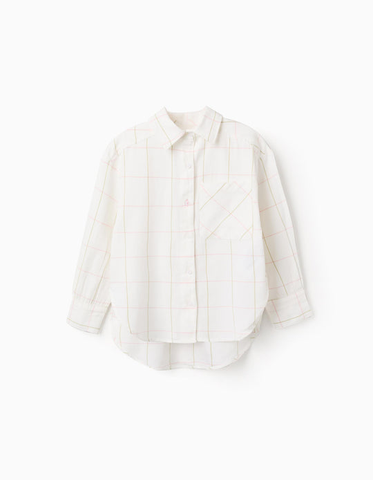 قميص قطن غير متماثل المربعات للفتيات، أبيض