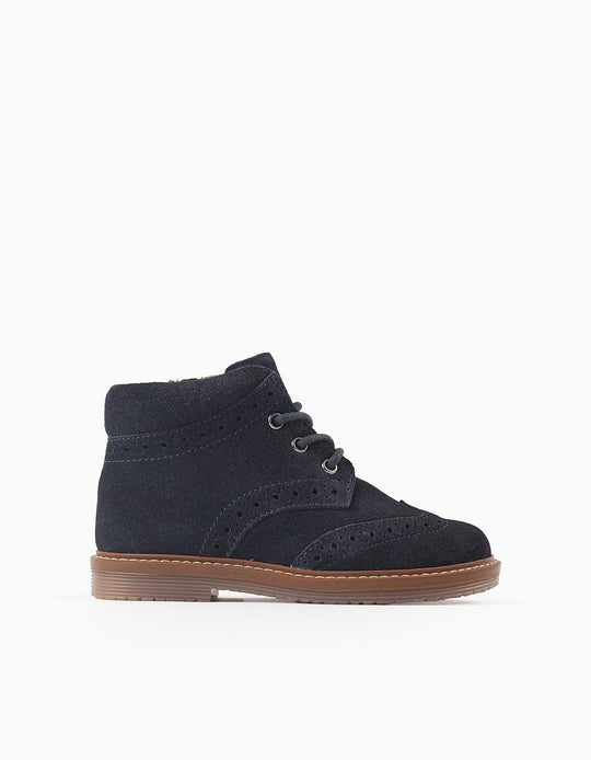 Suede brogue boots with laces for baby boys, dark blue