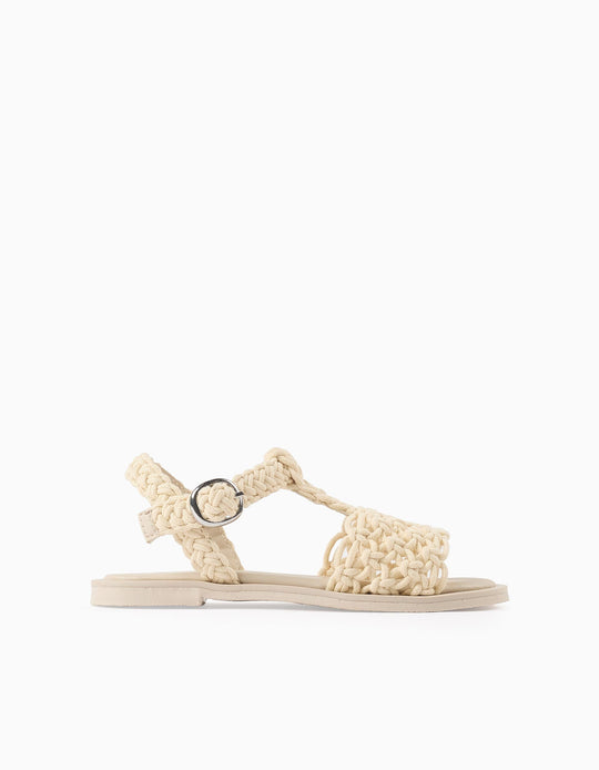 صندل حبال بمشبك للفتيات، بيج