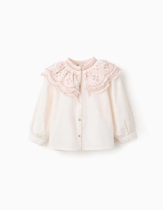 Poplin blouse with embroidered details for girls, white/pink