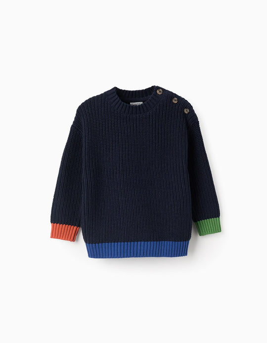 كنزة محبوكة بتفاصيل ملوّنة للرضع الأولاد، أزرق داكن