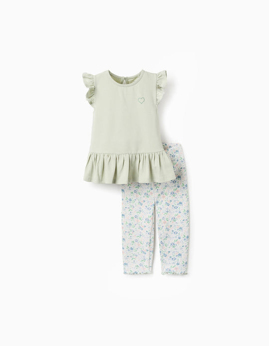 توب + ليقنز مضلع مزهر للفتيات الرضع، أخضر/أبيض