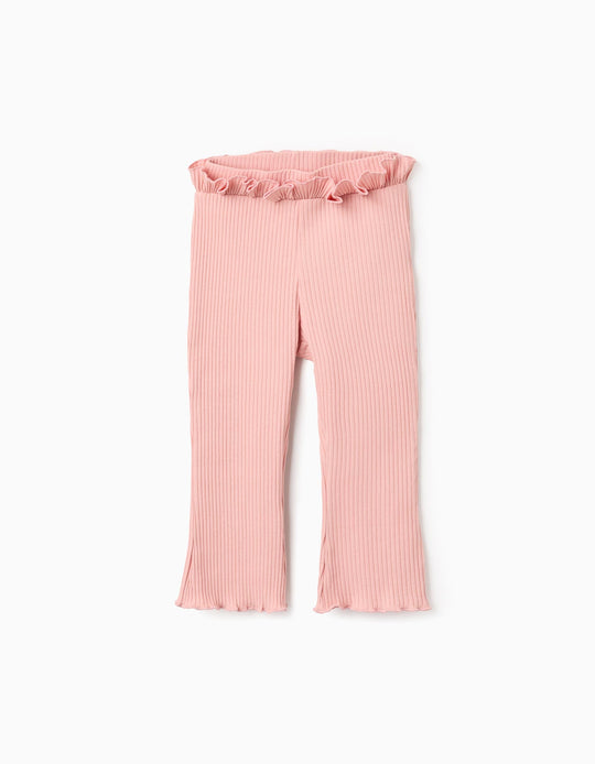 Flared Ruffled Ribbed Trousers for Baby Girls, Pink