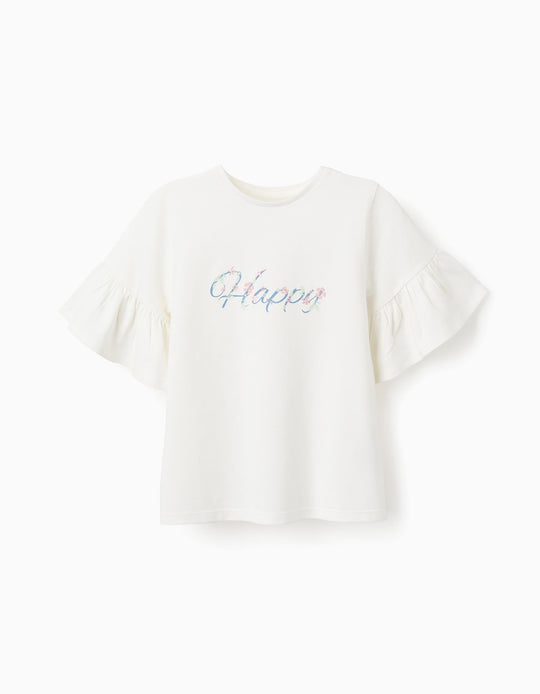 Cotton T-shirt with Ruffle Sleeves for Girls 'Happy', White