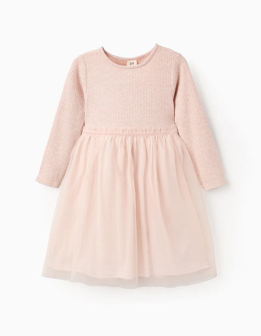 Dual-fabric dress with openwork knit and tulle for girls, pink