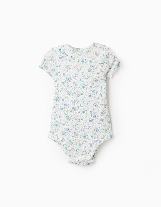 Ribbed Floral Bodysuit for Newborn Girls, White/Pink/Blue/Green