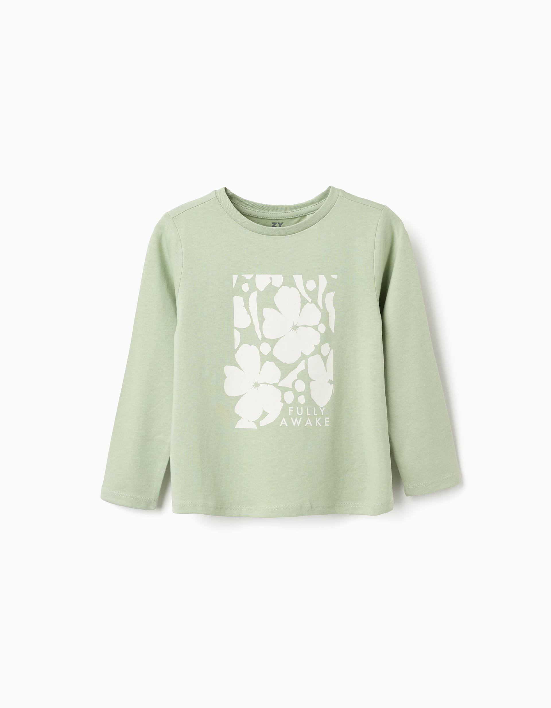 Long sleeve cotton T-shirt with 'Fully Awake' print for girls, light green | Ziddy KSA