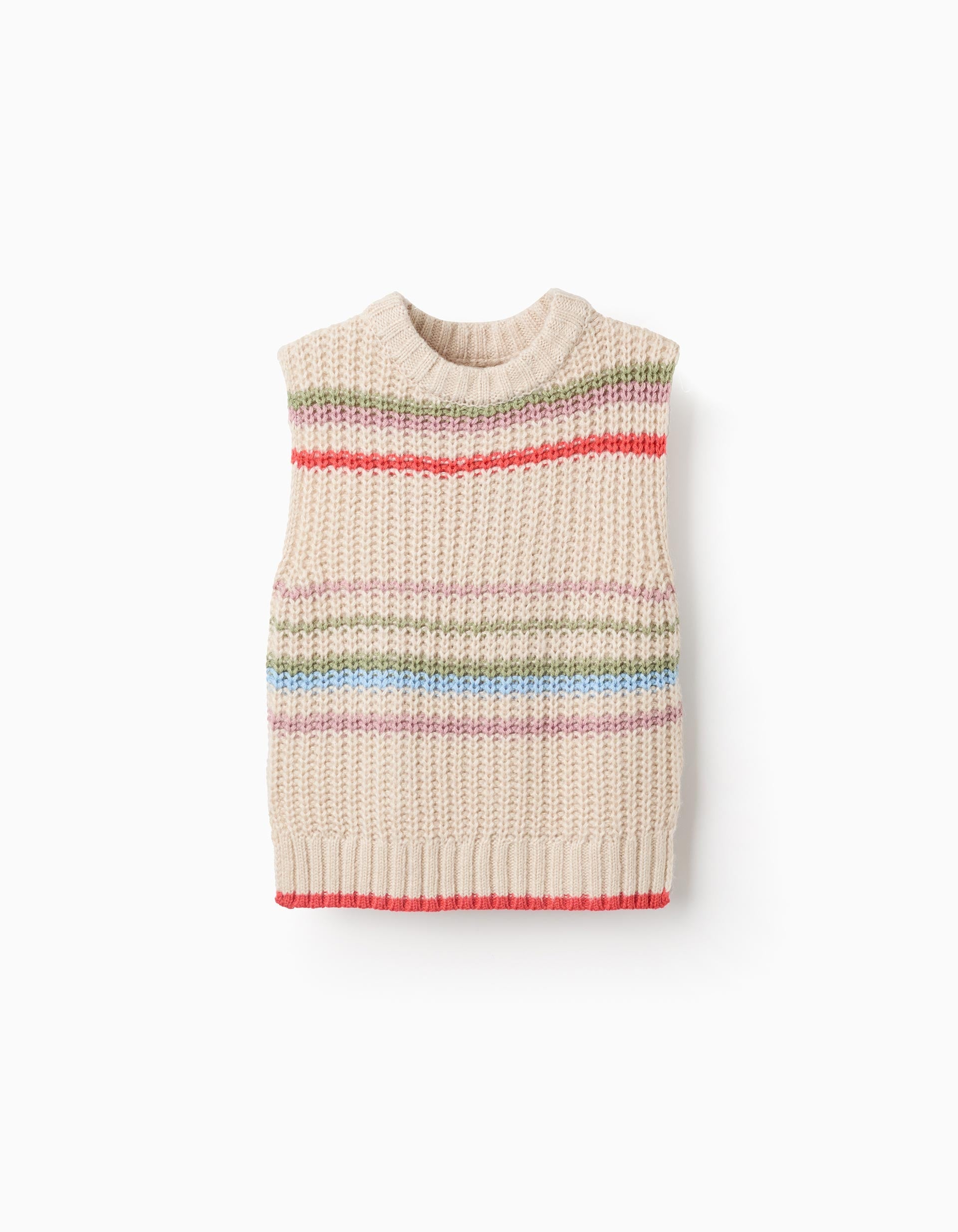 Knitted Waistcoat with Colourful Stripes for Girls, Beige | Ziddy KSA