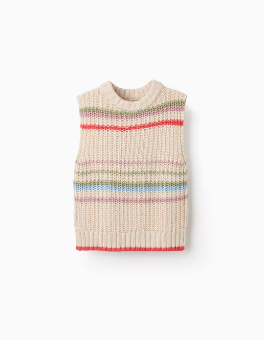سترة محبوكة بدون أكمام بخطوط ملوّنة للفتيات، بيج