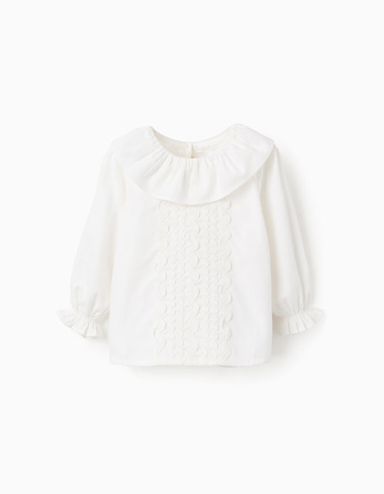 بلوزة تويل بربطات مموجة للرضع البنات، أبيض