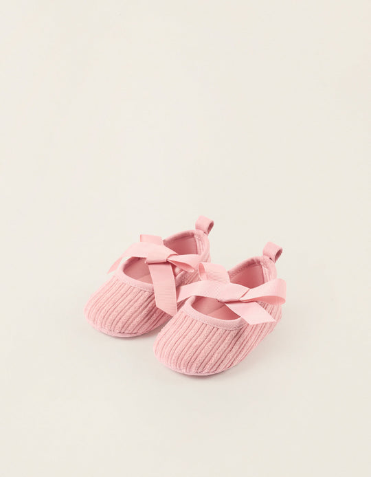 Corduroy Ballet Flats with Bow for Newborn Girls, Pink
