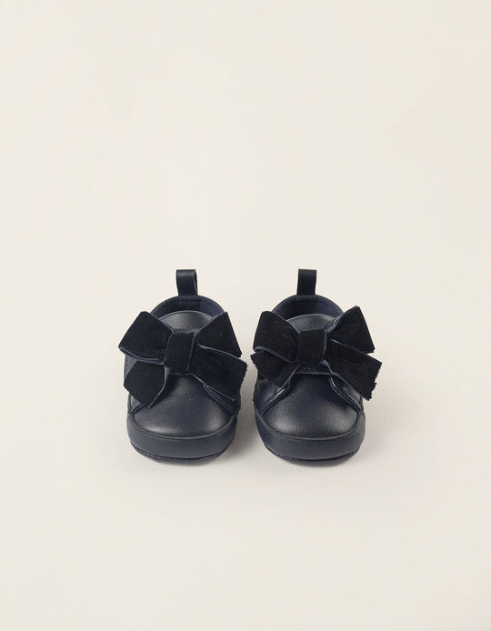 حذاء بإغلاق لاصق وفيونكة مخمل للمواليد البنات، أزرق