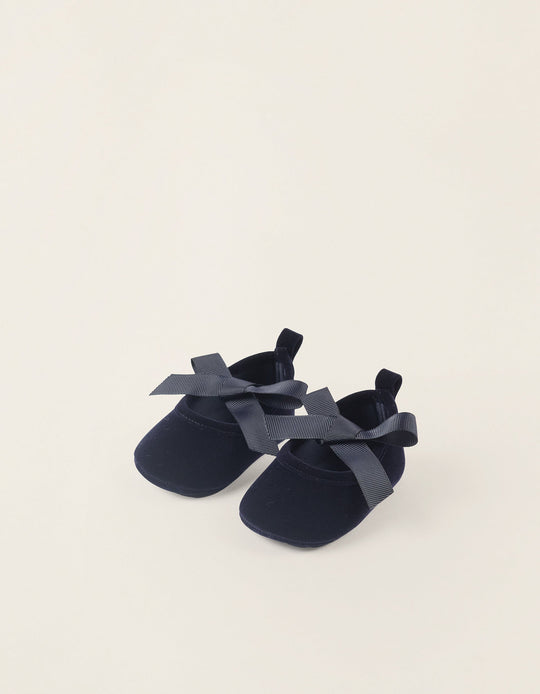 Velvet Ballet Flats with Bow for Newborn Girls, Dark Blue