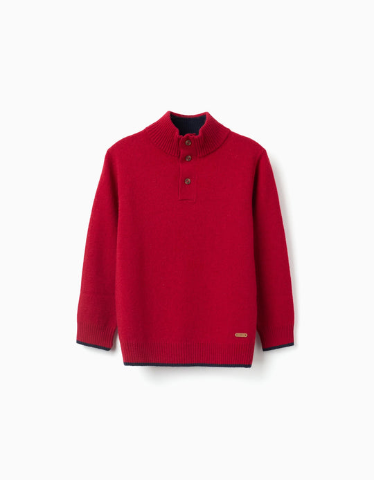 Knitted jumper in a wool blend with mock neck for boys, red/dark blue