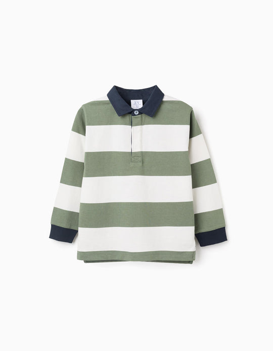 Long sleeve cotton polo shirt with stripes for boys, green/white/blue