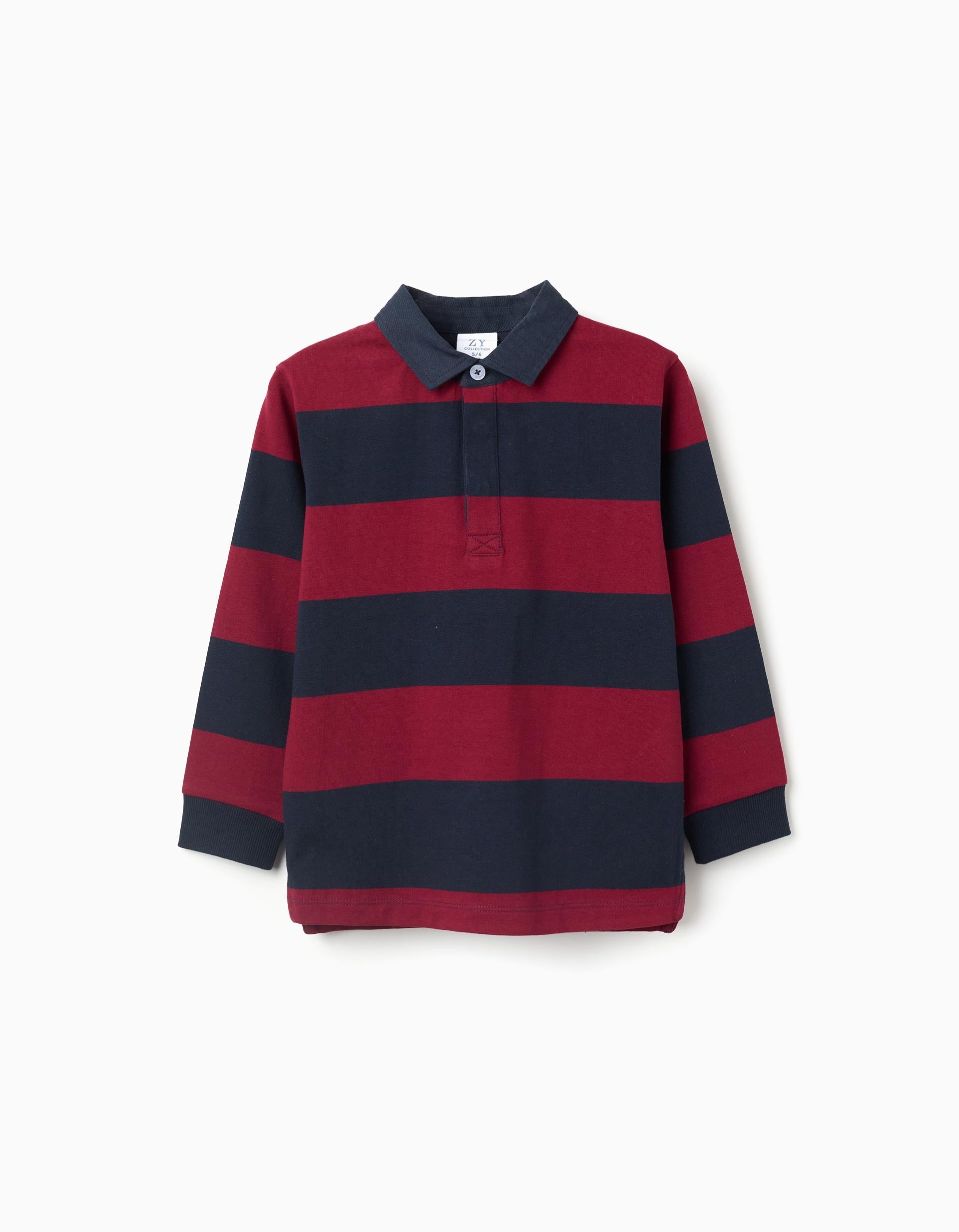 Long sleeve cotton polo shirt with stripes for boys, dark blue/red | Ziddy KSA