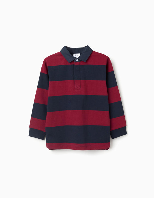 Long sleeve cotton polo shirt with stripes for boys, dark blue/red