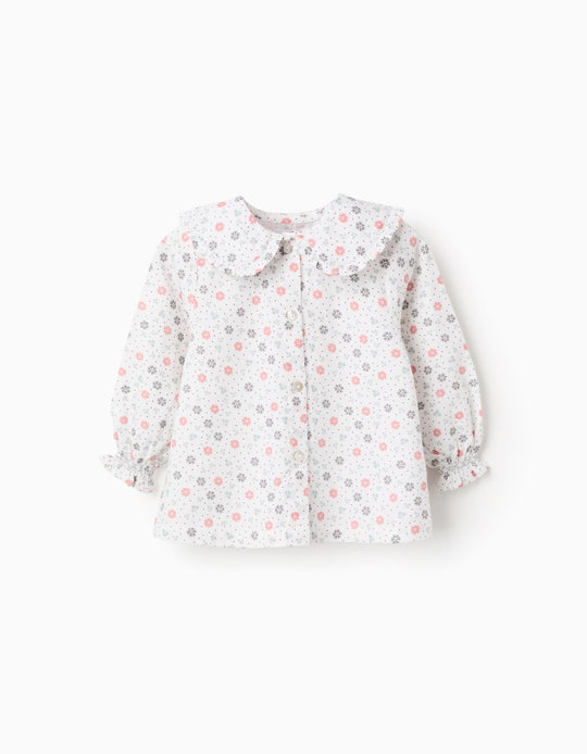 Floral Cotton Shirt for Baby Girls, White/Pink/Green
