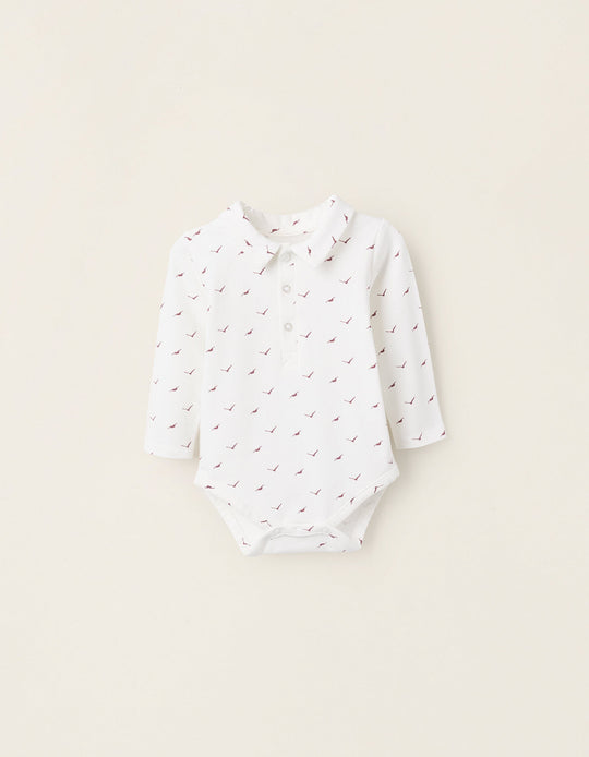 Bodysuit with Pattern for Newborns 'Birds', White/Burgundy