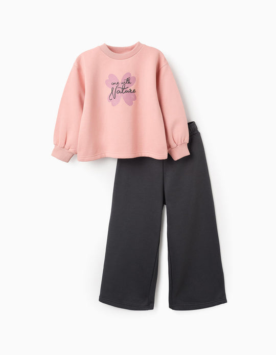 سويتشيرت + بنطال بقدمين للفتيات "Clover"، زهري/رمادي