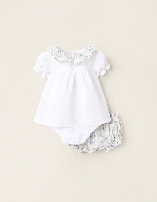 Bodysuit-Blouse + Bloomers for Newborn Girls, White/Blue/Pink
