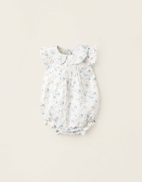 Floral Cotton Jumpsuit for Newborn Girls, White/Blue/Pink