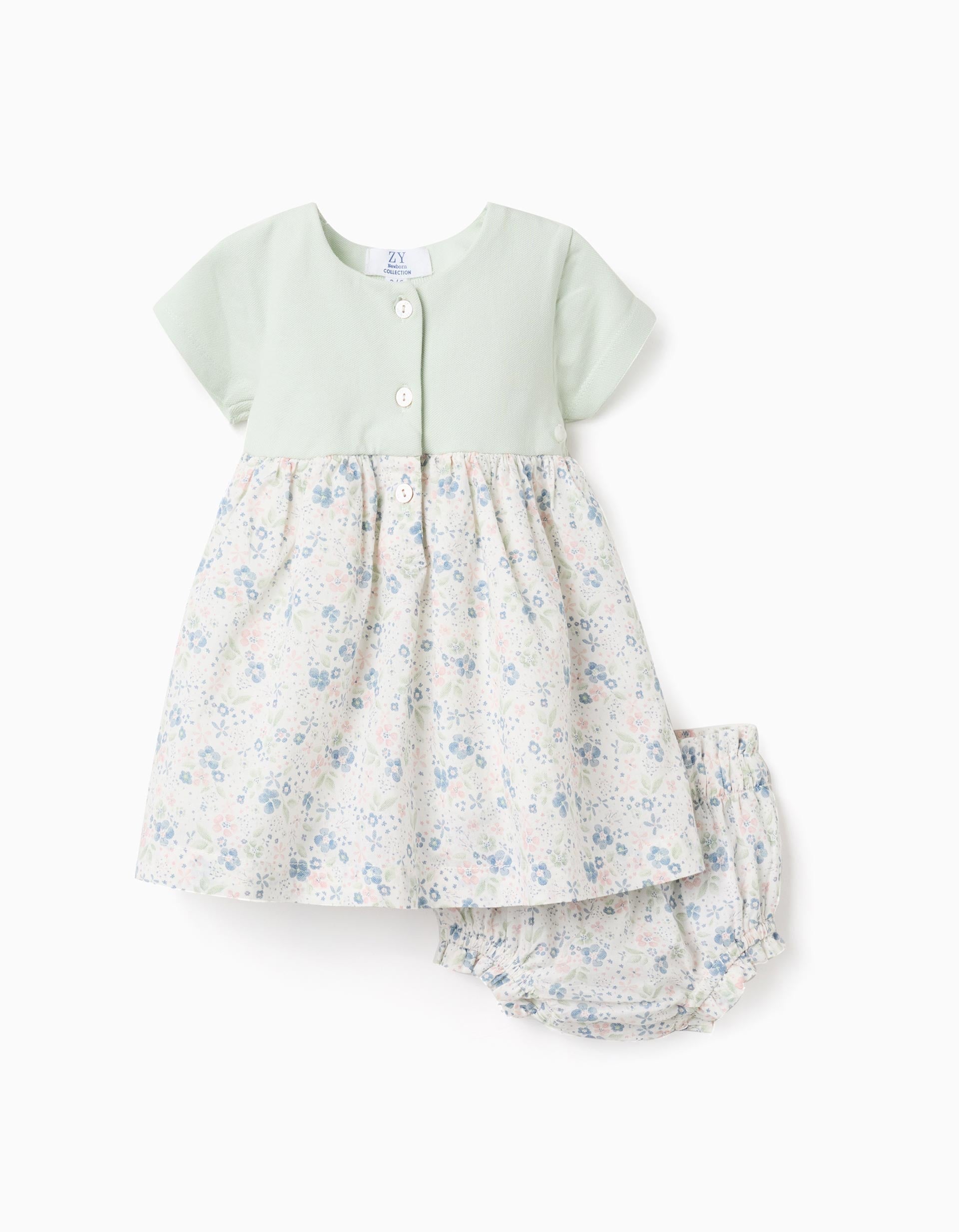Dress + Bloomers with Flower Motif for Newborn Girls, Light Green | La vie en Rose | KSA