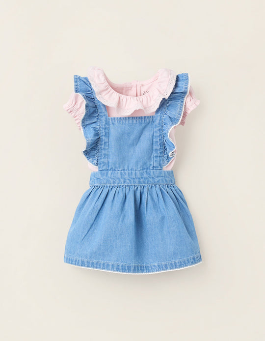 بادي + فستان مريلة بكشكش للمواليد البنات، زهري/أزرق