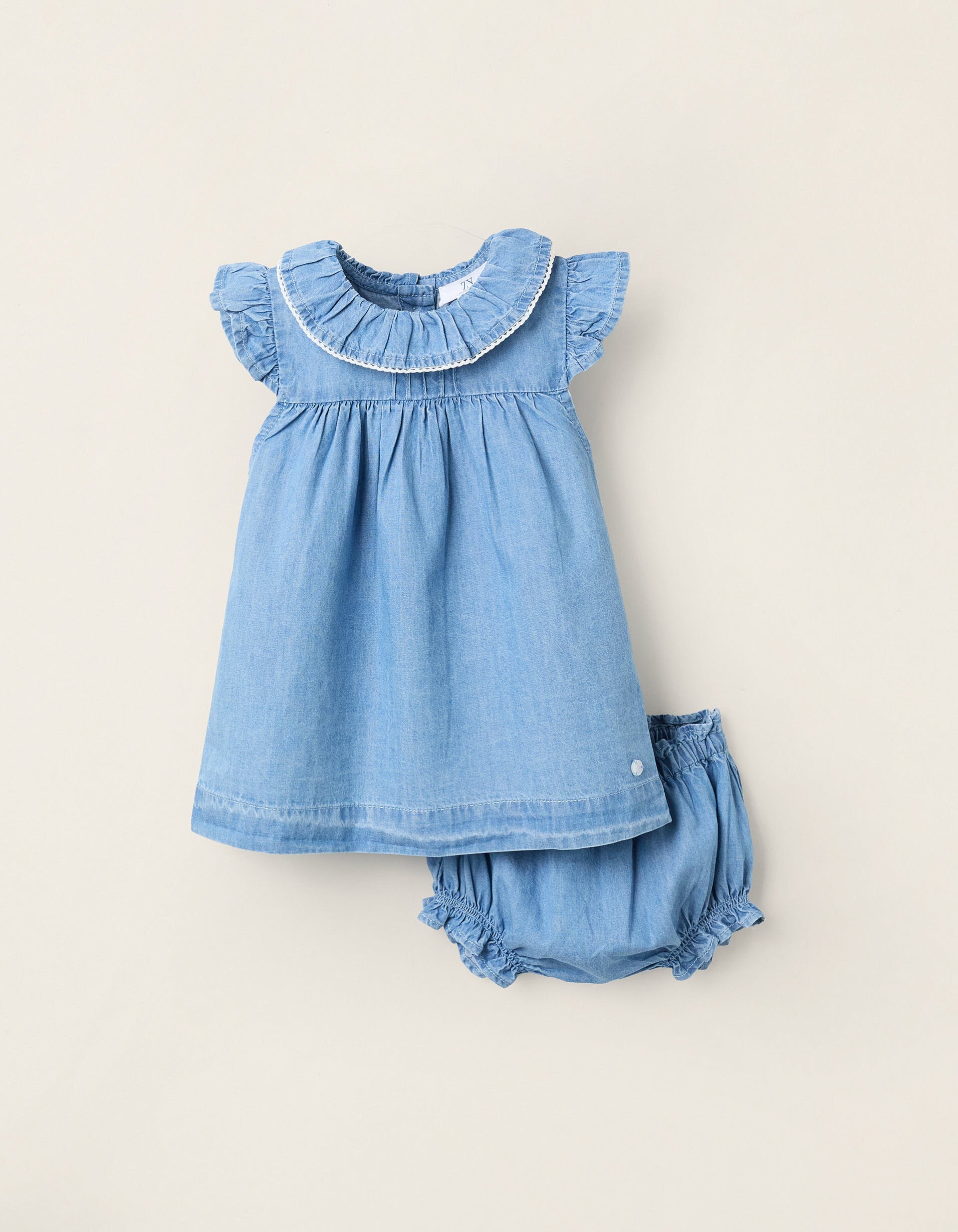 Dress + Bloomers in Denim with Ruffles for Newborn Girls, Blue | La vie en Rose | KSA