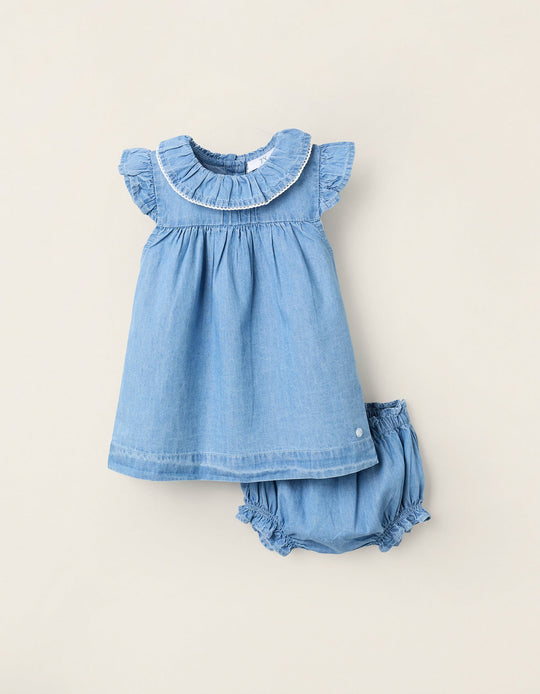 Dress + Bloomers in Denim with Ruffles for Newborn Girls, Blue