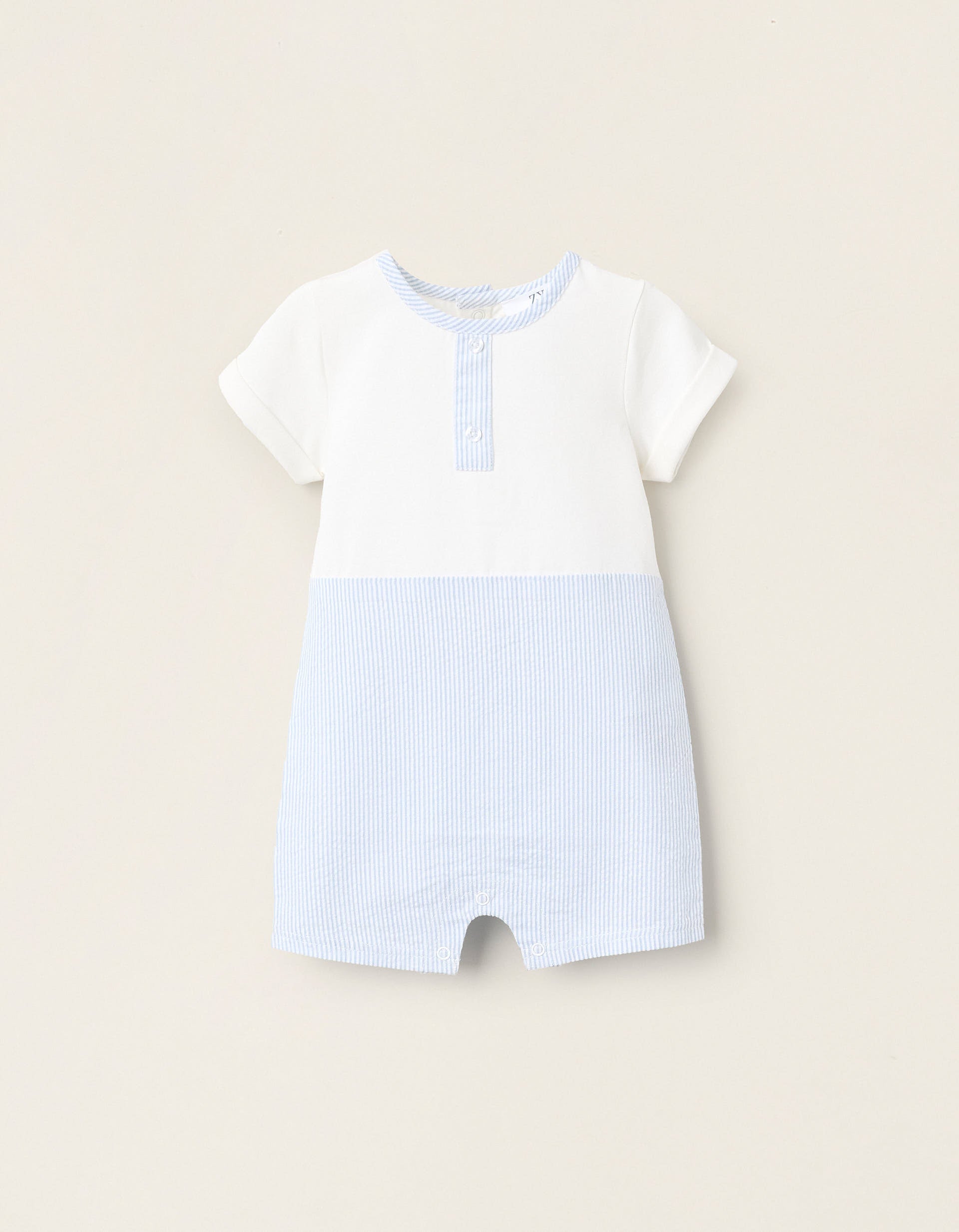 Striped Dual-Fabric Romper for Newborns, White/Blue | La vie en Rose | KSA