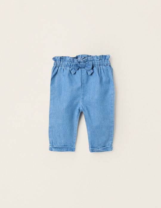 Light Cotton Denim Trousers with Bow for Newborn Girls, Blue