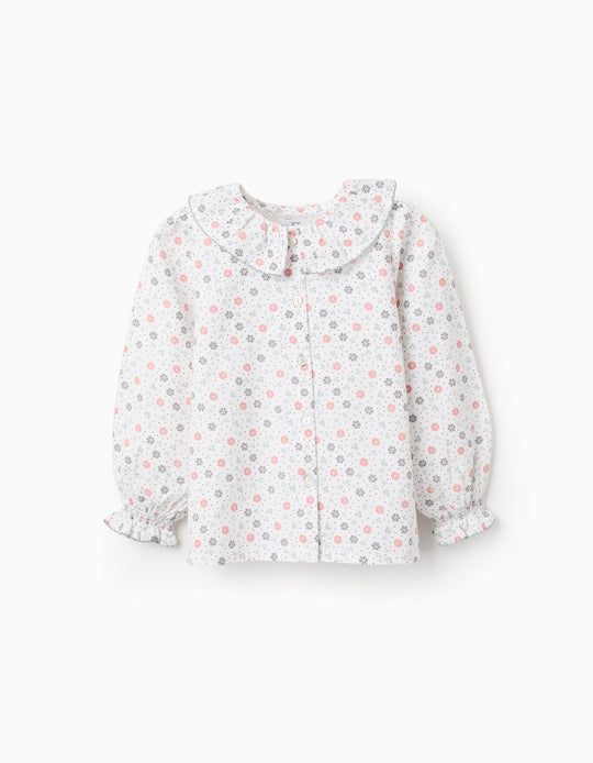 Floral Cotton Shirt for Girls, White/Pink/Green