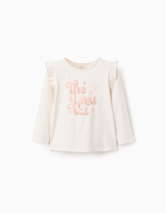 Long sleeve T-shirt with embossed print and ruffles for girls, beige