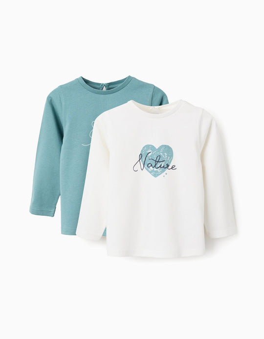 عبوة 2 تيشيرت بأكمام طويلة للرضع البنات، أبيض/فيروزي
