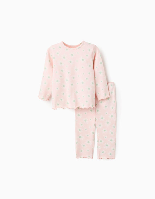 Ribbed Pyjama with Floral Pattern for Baby Girls, Pink/White/Green