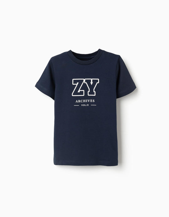 تيشيرت قطن بأكمام قصيرة، أزرق داكن، 8/9 سنوات