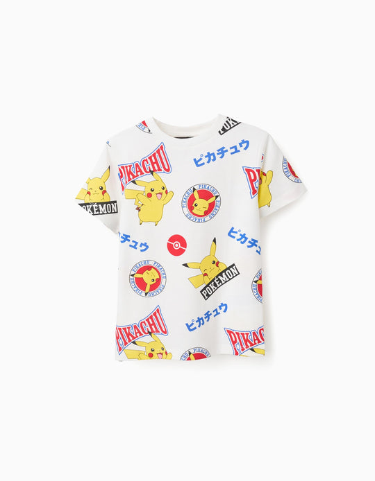Cotton T-shirt with Print for Boys 'Pikachu', White
